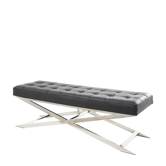 Black Leather Bench with Stainless Steel Supports